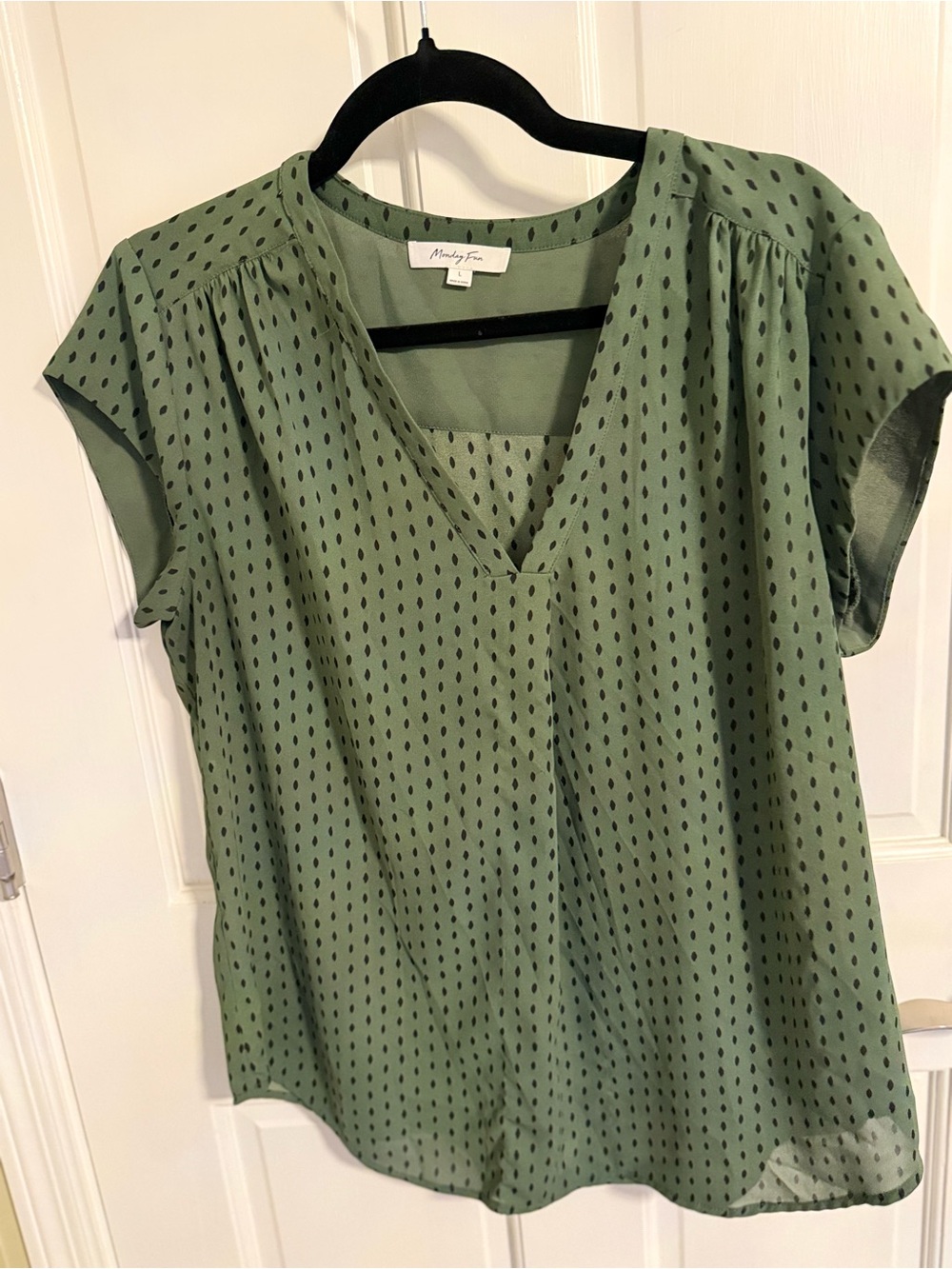 Olive Green Dot V-Neck Cap Sleeve Blouse